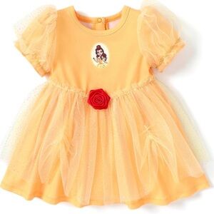Pat Pat Disney Princess Belle Dress W/Red Rose Accent & Tulle Overlay 9-12M